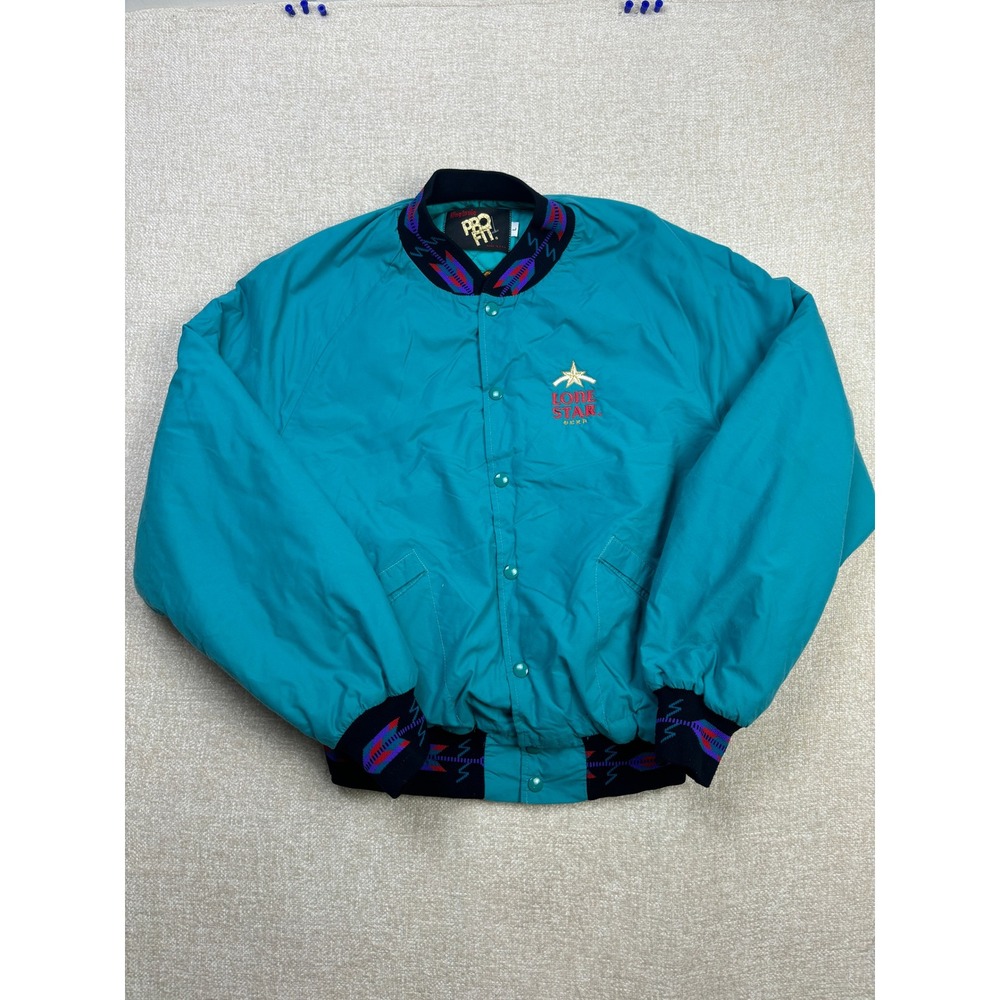 Vintage King Louie Pro Fit Lone Star Beer Balcones Fault Bomber Jacket Teal L